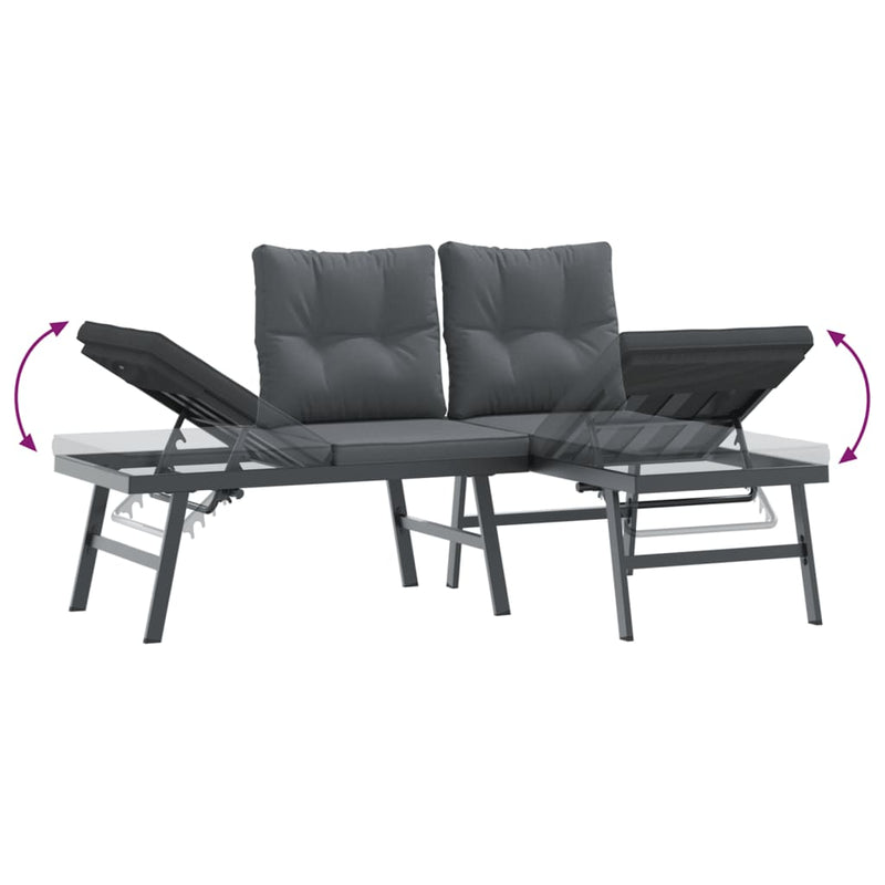 3 Piece Garden Bench Set with Cushions Black Powder-coated Steel