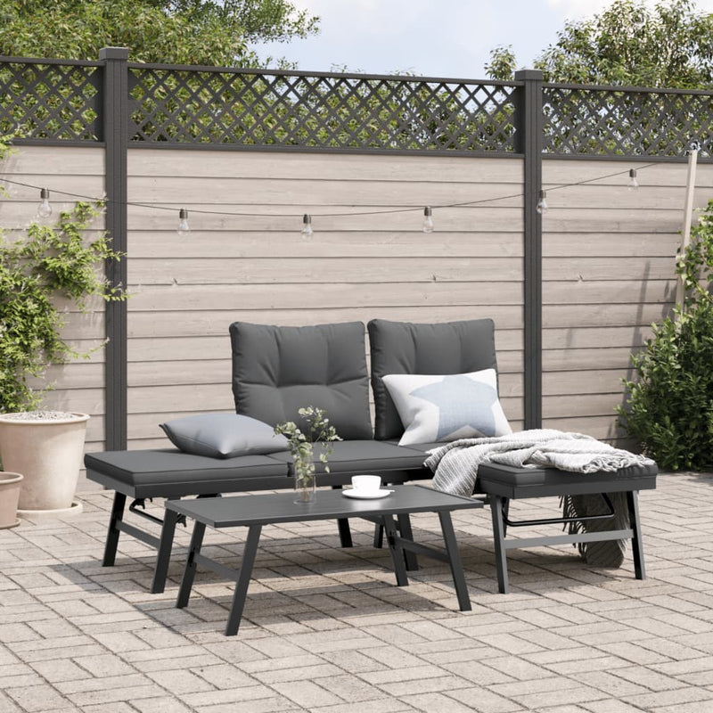 3 Piece Garden Bench Set with Cushions Black Powder-coated Steel