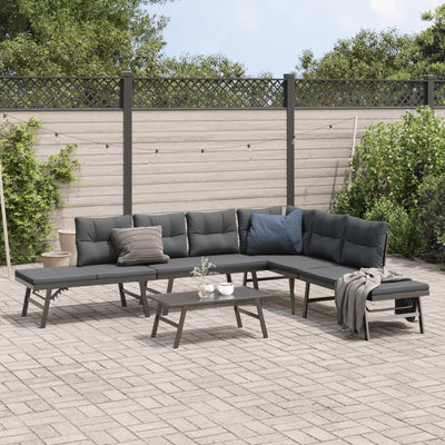 5 Piece Garden Bench Set with Cushions Black Powder-coated Steel