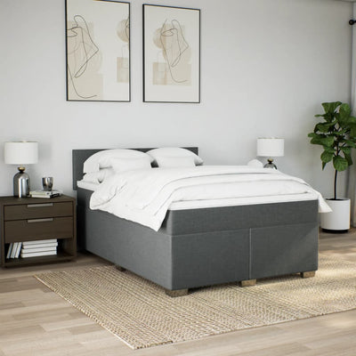 Box Spring Bed with Mattress Dark Grey Queen Fabric