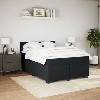 Box Spring Bed with Mattress Black Queen Velvet