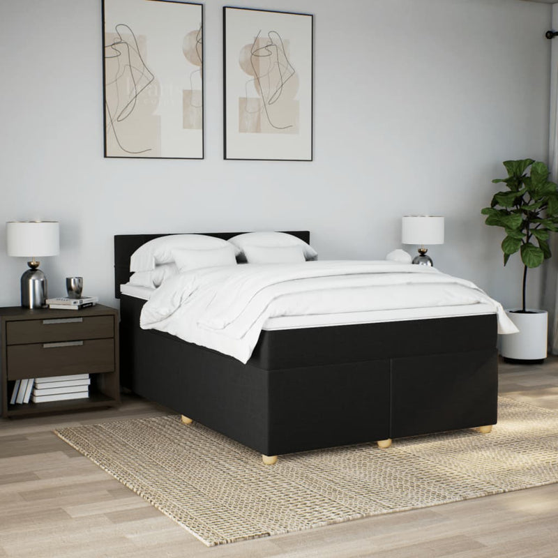 Box Spring Bed with Mattress Black Queen Fabric