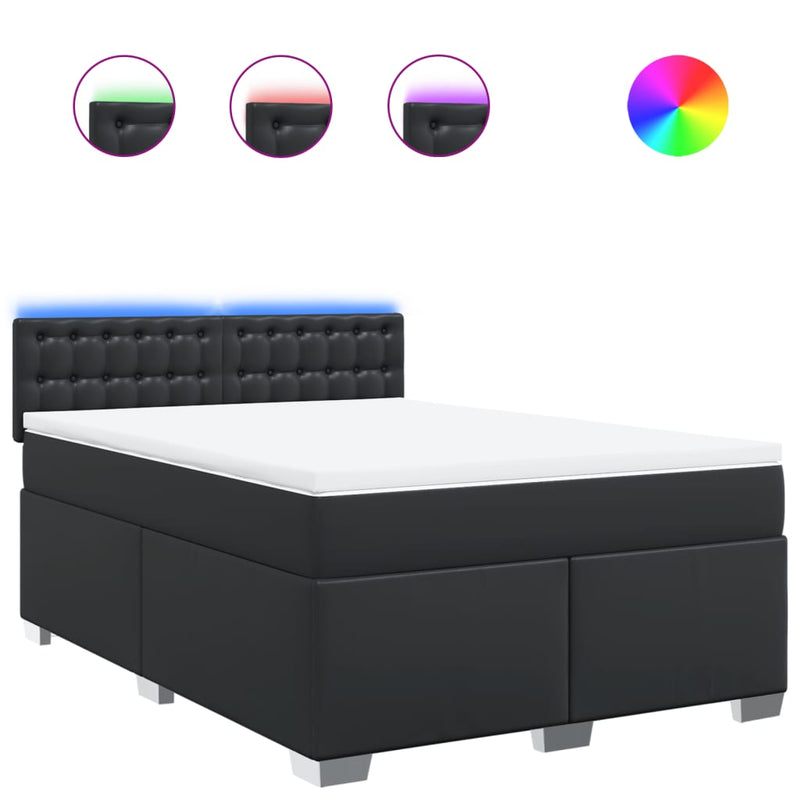 Box Spring Bed with Mattress Black Double Faux Leather