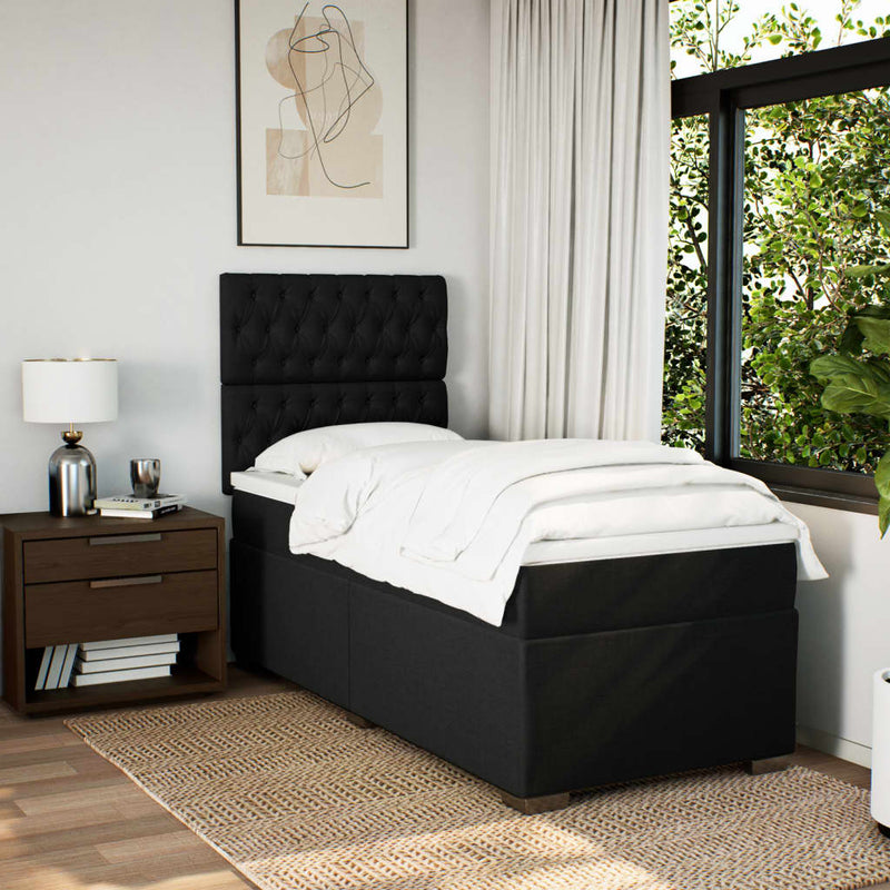 Box Spring Bed with Mattress Black King Single Fabric