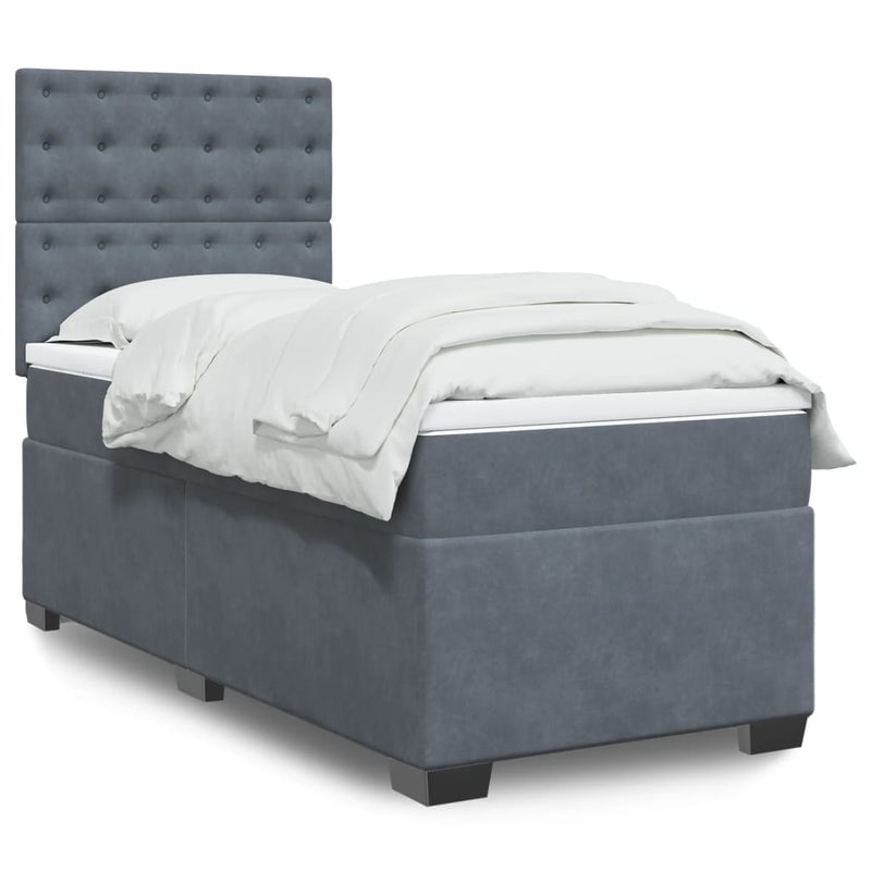 Box Spring Bed with Mattress Dark Grey King Single Velvet