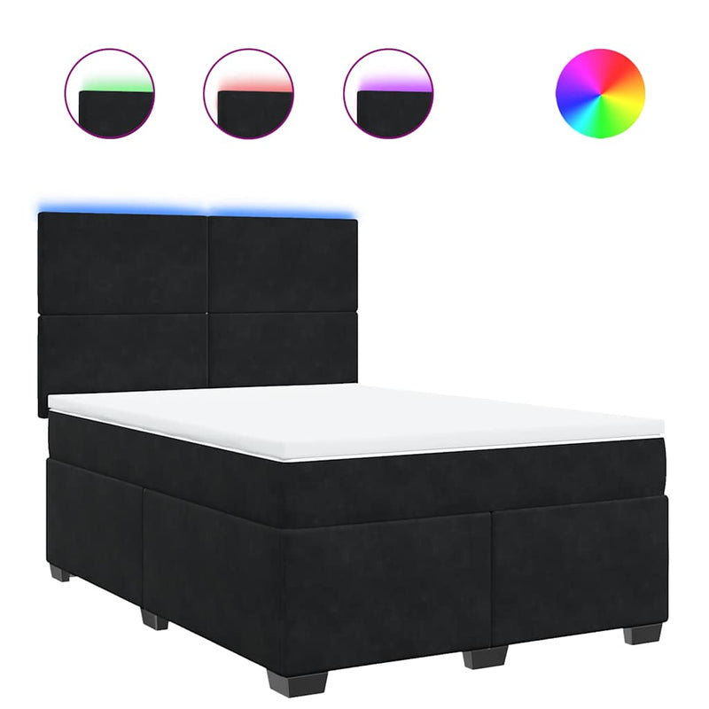 Box Spring Bed with Mattress Black Queen Velvet