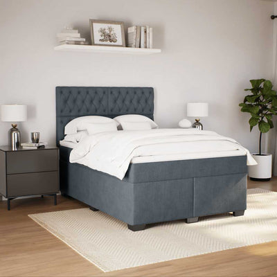 Box Spring Bed with Mattress Dark Grey Queen Velvet