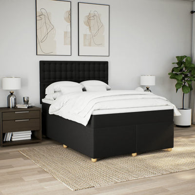 Box Spring Bed with Mattress Black Queen Fabric