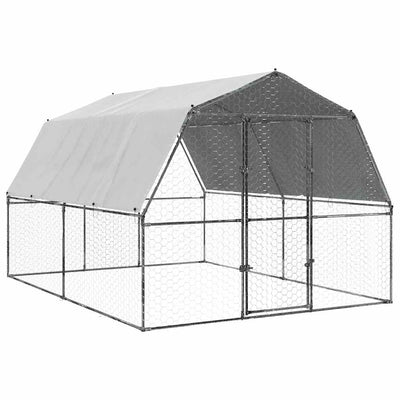 Chicken Cage with Roof and Door Silver Galvanised Steel