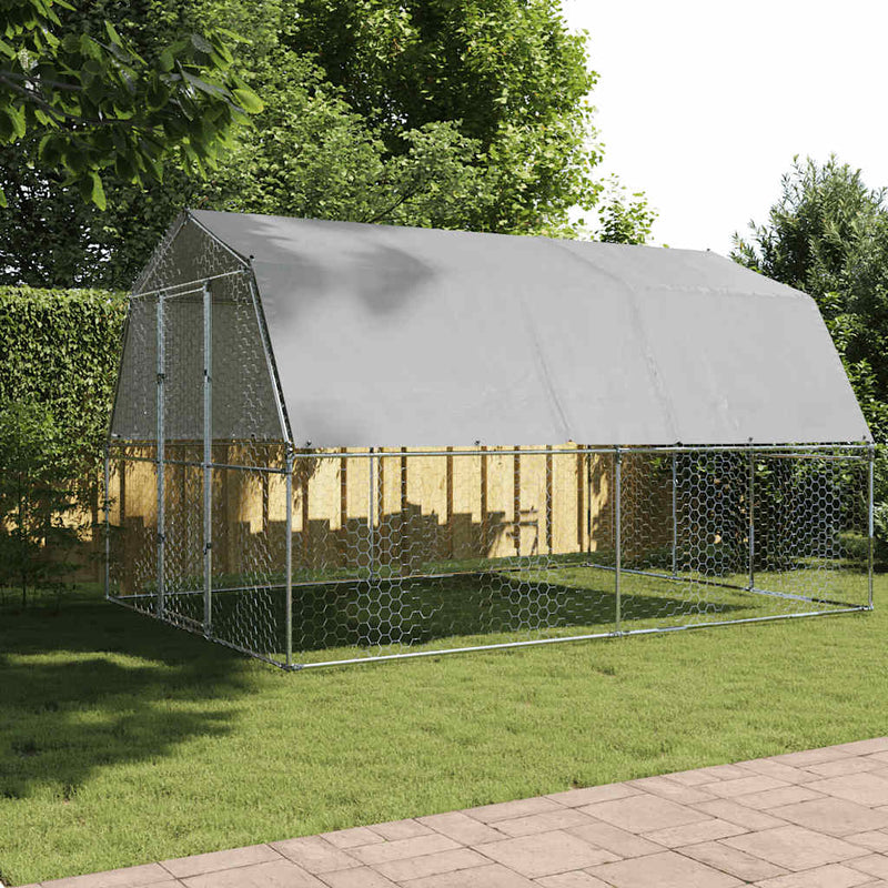 Chicken Cage with Roof and Door Silver Galvanised Steel