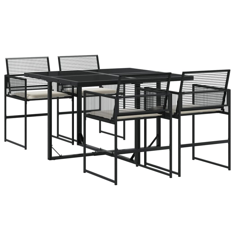 5 Piece Garden Dining Set with Cushions Black Poly Rattan