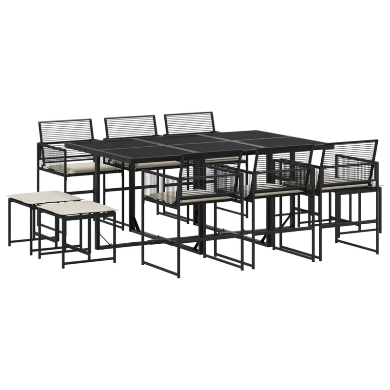 11 Piece Garden Dining Set with Cushions Black Poly Rattan