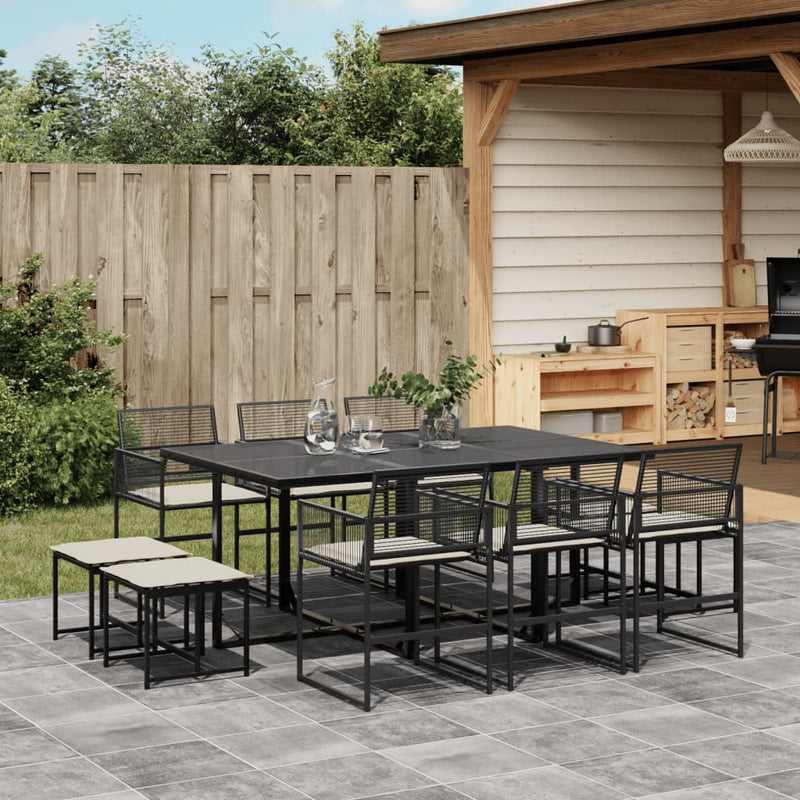 11 Piece Garden Dining Set with Cushions Black Poly Rattan