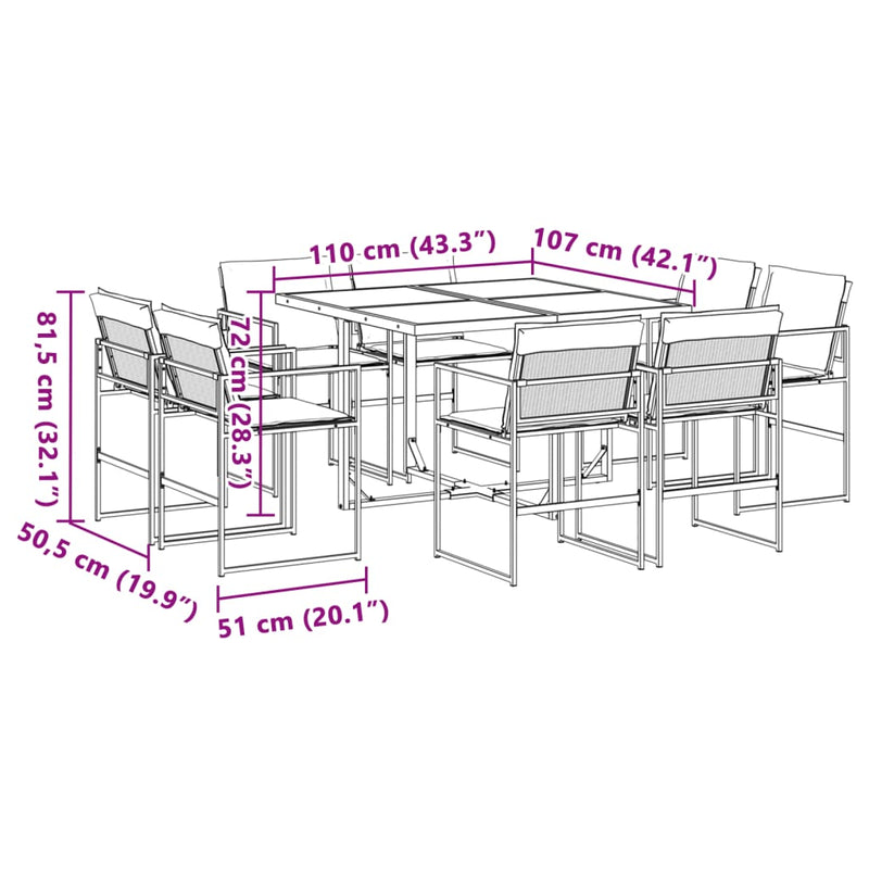 9 Piece Garden Dining Set with Cushions Black Textilene