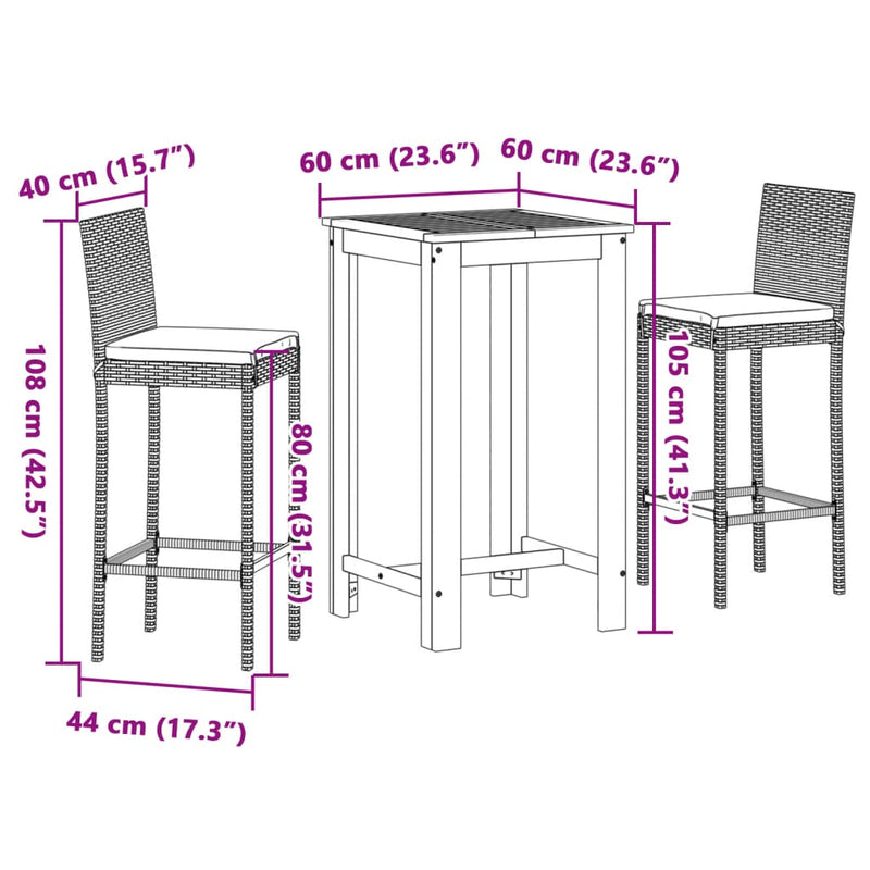 3 Piece Garden Bar Set Black Solid Wood Acacia and Poly Rattan