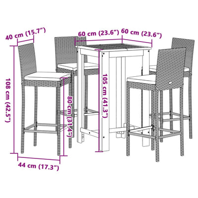 5 Piece Garden Bar Set Black Solid Wood Acacia and Poly Rattan