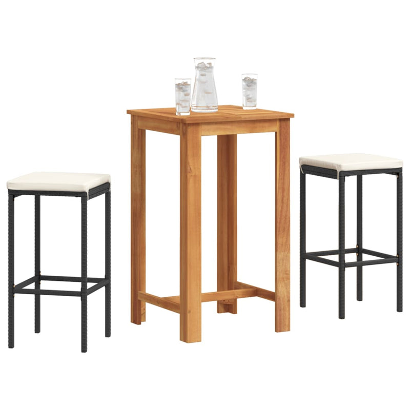 3 Piece Garden Bar Set Black Solid Wood Acacia and Poly Rattan