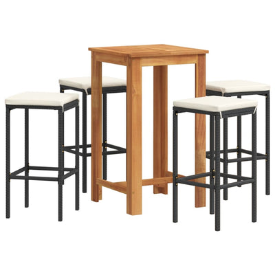 5 Piece Garden Bar Set Black Solid Wood Acacia and Poly Rattan