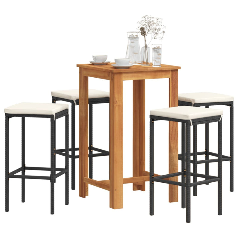 5 Piece Garden Bar Set Black Solid Wood Acacia and Poly Rattan