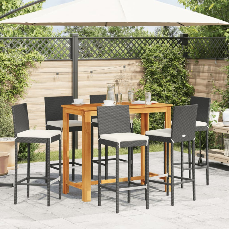 7 Piece Garden Bar Set Black Solid Wood Acacia and Poly Rattan