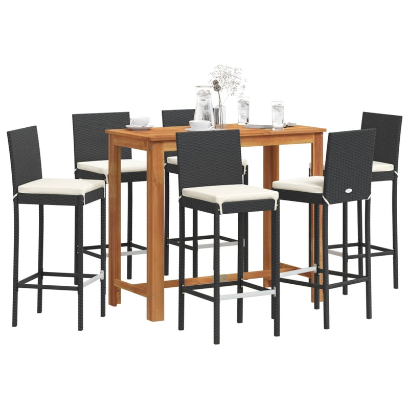 7 Piece Garden Bar Set Black Solid Wood Acacia and Poly Rattan