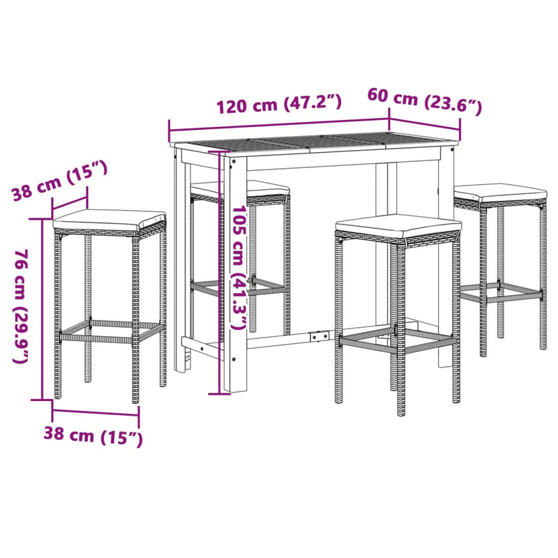 5 Piece Garden Bar Set Black Solid Wood Acacia and Poly Rattan