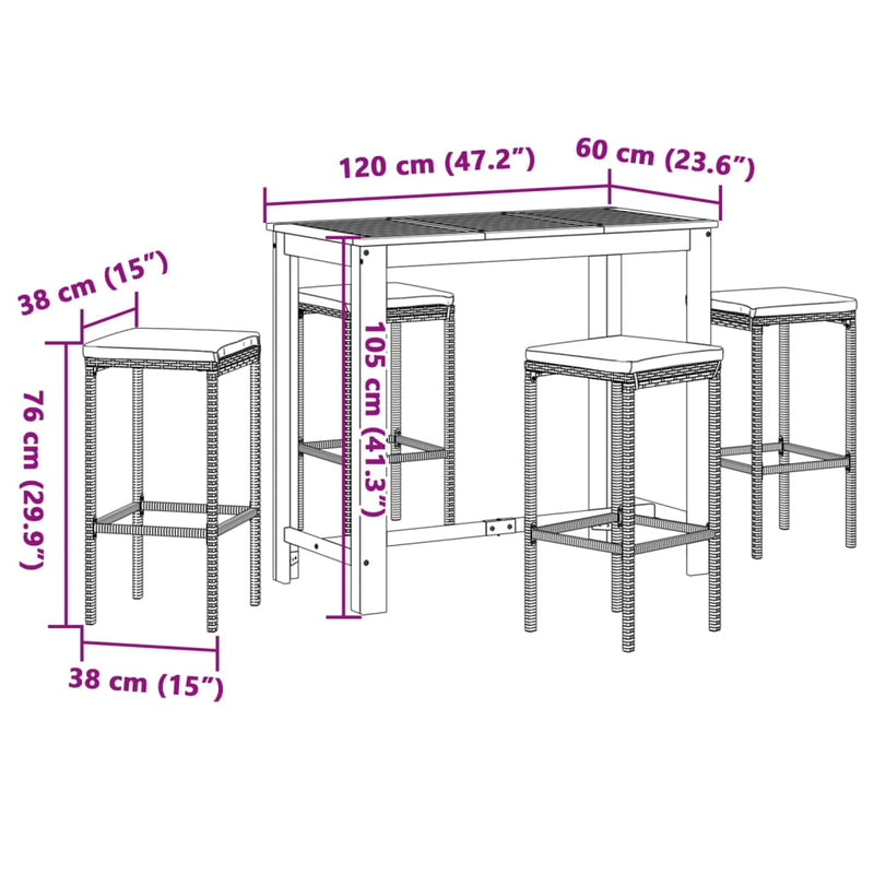 5 Piece Garden Bar Set Grey Solid Wood Acacia and Poly Rattan