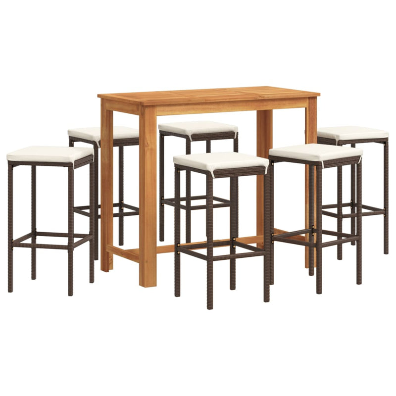 7 Piece Garden Bar Set Brown Solid Wood Acacia and Poly Rattan