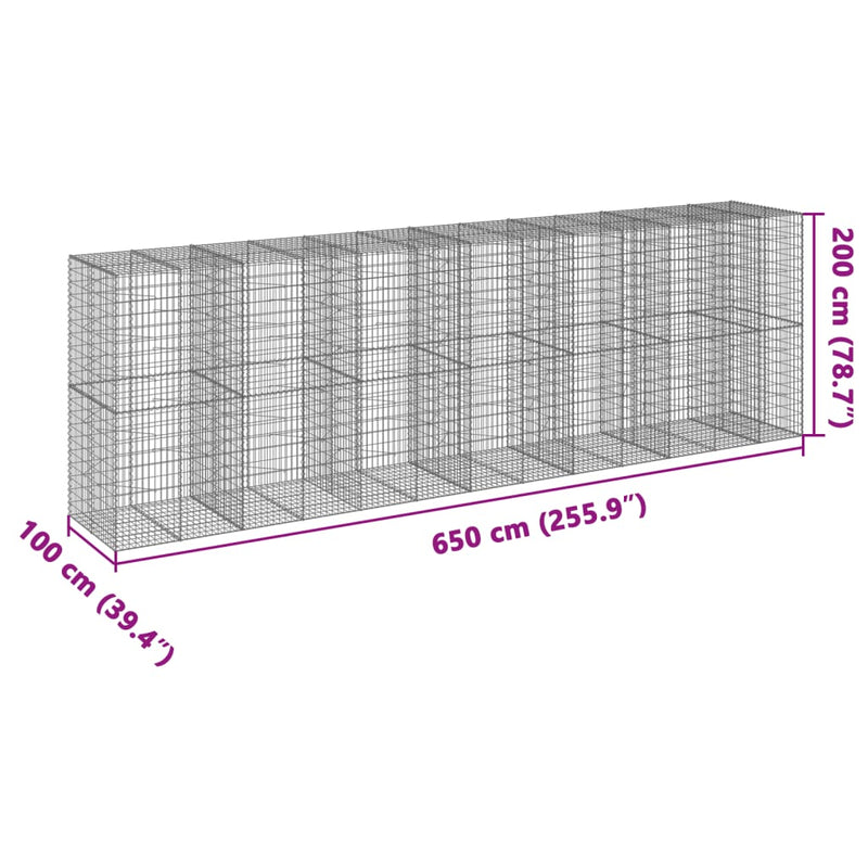 Gabion Basket with Cover 650x100x200 cm Galvanised Iron