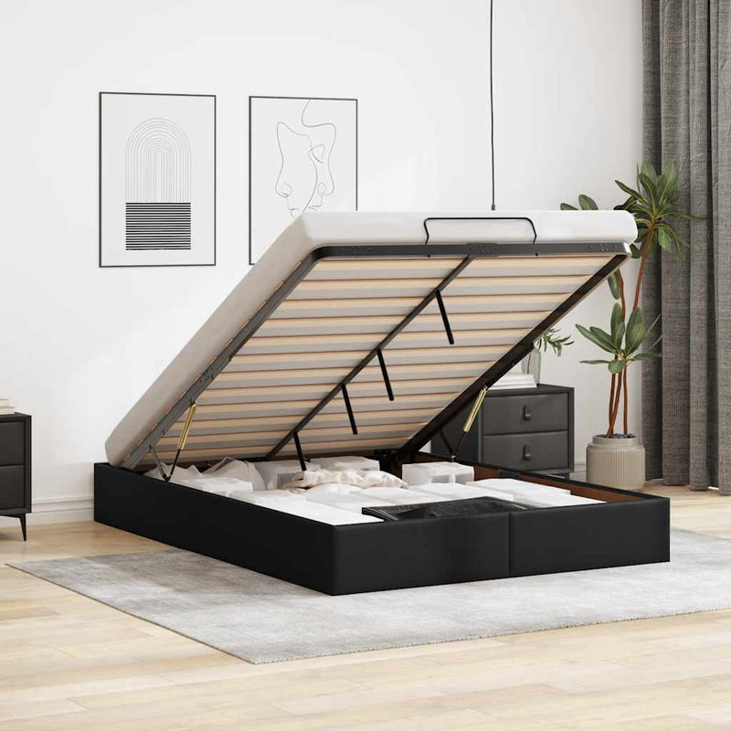 Ottoman Storage Bed Frame without Mattress Black Double Faux Leather