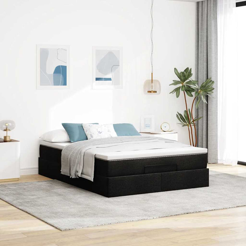 Ottoman Bed with Mattress Black Double Faux Leather