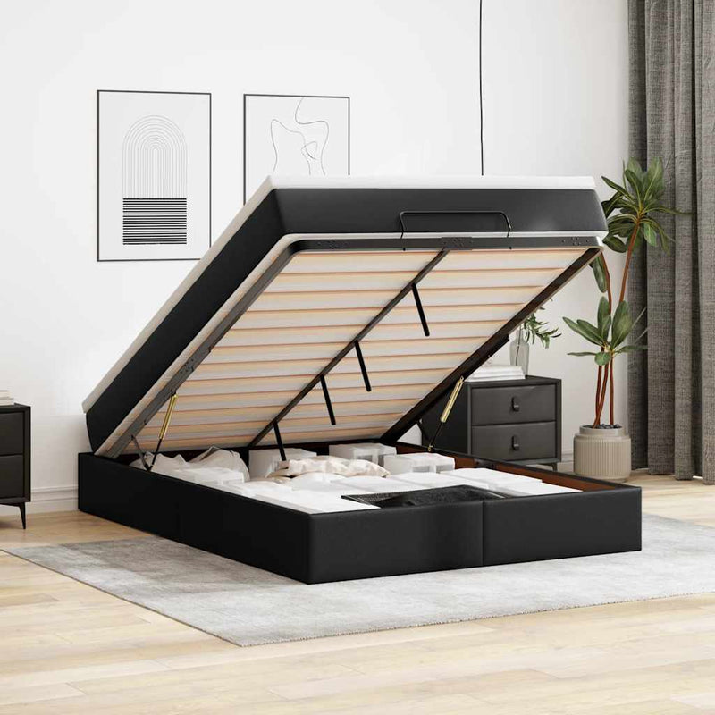 Ottoman Bed with Mattress Black Double Faux Leather