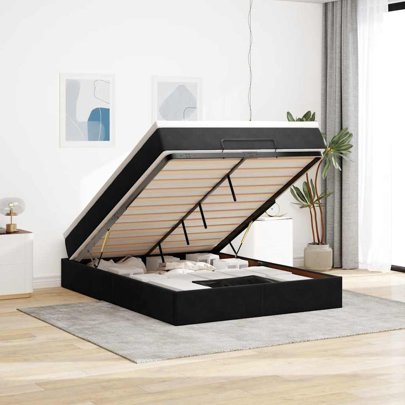 Ottoman Bed with Mattress Black Queen Velvet