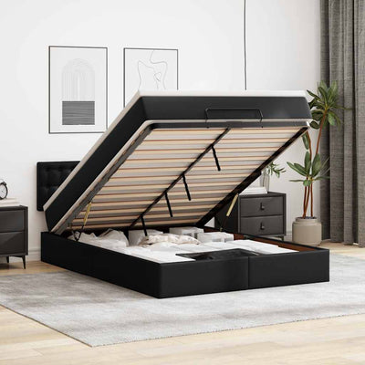 Ottoman Bed with Mattress Black Double Faux Leather