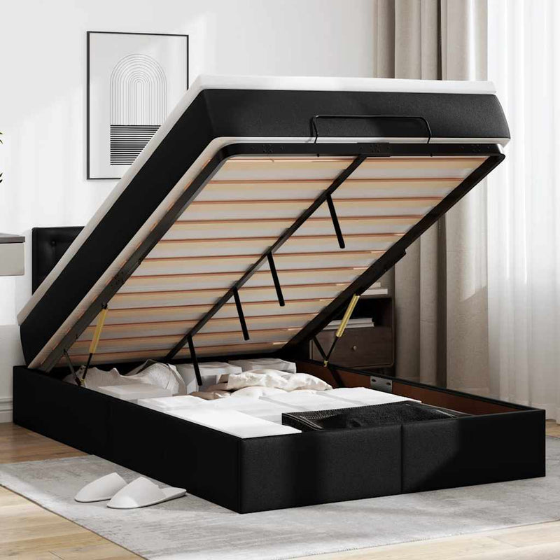 Ottoman Bed with Mattress Black King Single Faux Leather