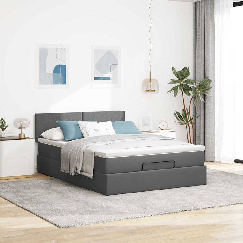 Ottoman Bed with Mattress Dark Grey Double Fabric