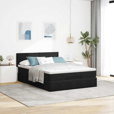 Ottoman Bed with Mattress Black Queen Velvet