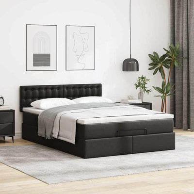 Ottoman Bed with Mattresses & LEDs Black Double Faux Leather