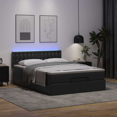 Ottoman Bed with Mattresses & LEDs Black Queen Faux Leather