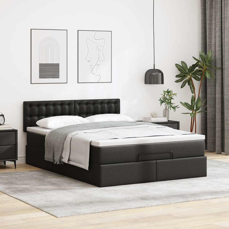 Ottoman Bed with Mattresses & LEDs Black Queen Faux Leather