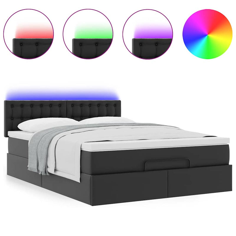 Ottoman Bed with Mattresses & LEDs Black Queen Faux Leather