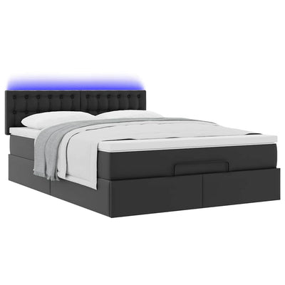 Ottoman Bed with Mattresses & LEDs Black Queen Faux Leather