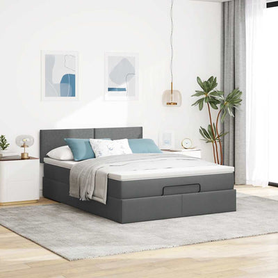 Ottoman Bed with Mattress & LEDs Dark Grey Queen Fabric