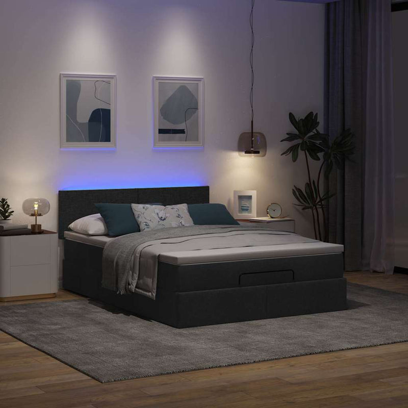 Ottoman Bed with Mattress & LEDs Black Queen Fabric