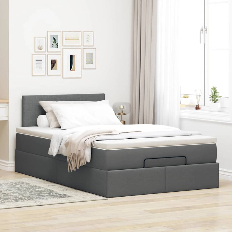 Ottoman Bed with Mattress & LEDs Dark Grey King Single Fabric