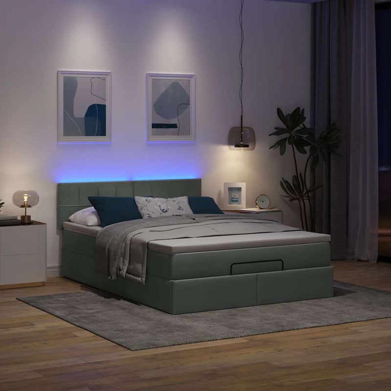 Ottoman Bed with Mattress & LEDs Dark Grey Queen Fabric