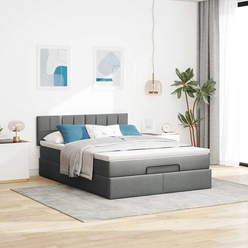 Ottoman Bed with Mattress & LEDs Dark Grey Queen Fabric