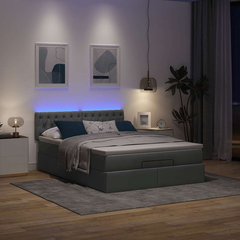 Ottoman Bed with Mattress & LEDs Dark Grey Queen Fabric