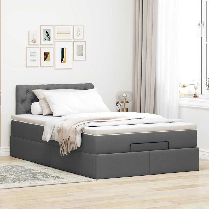 Ottoman Bed with Mattress & LEDs Dark Grey King Single Fabric