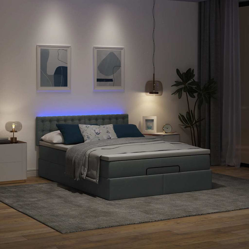 Ottoman Bed with Mattress & LEDs Dark Grey Queen Fabric